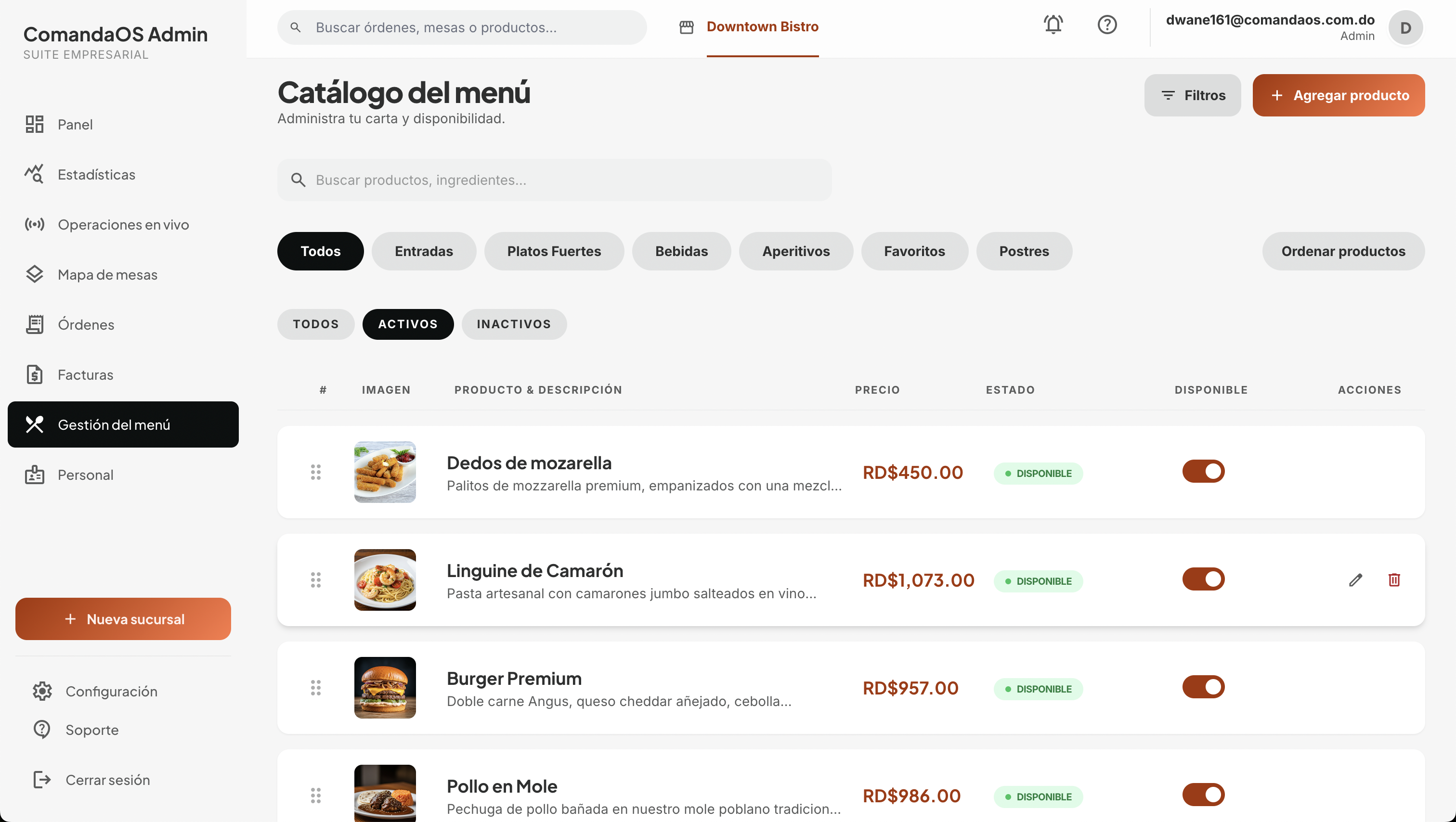 Catálogo del menú en Admin Web