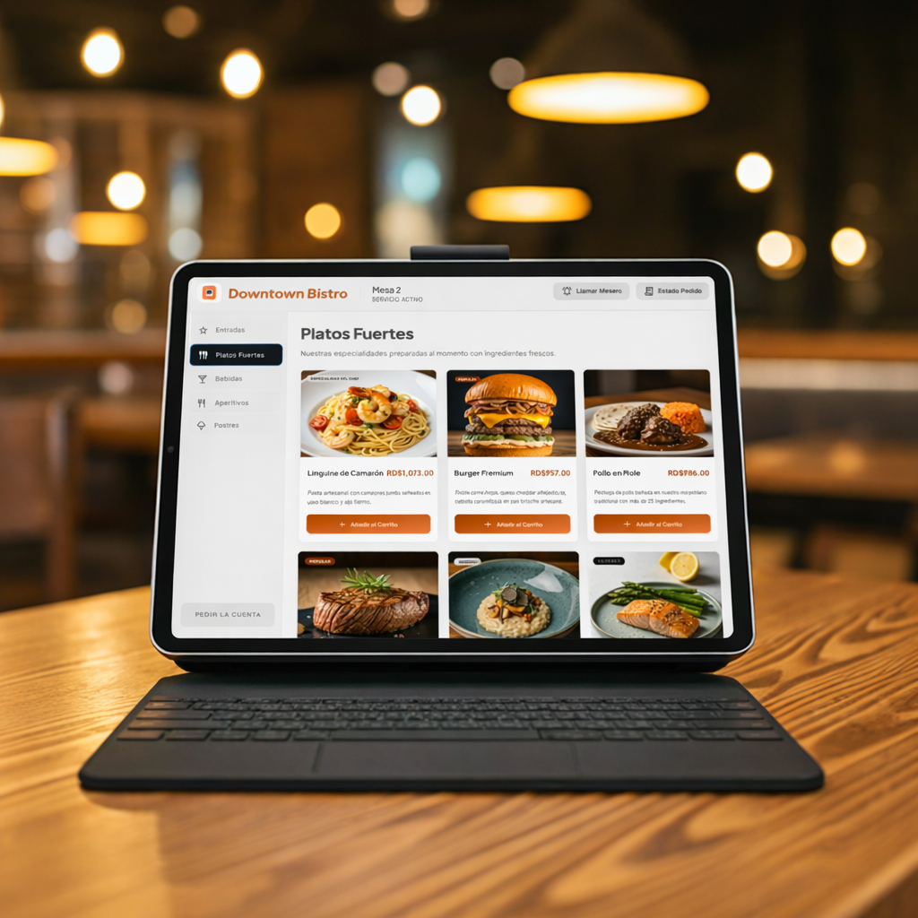 Table App en tablet: menú visual con fotos y categorías