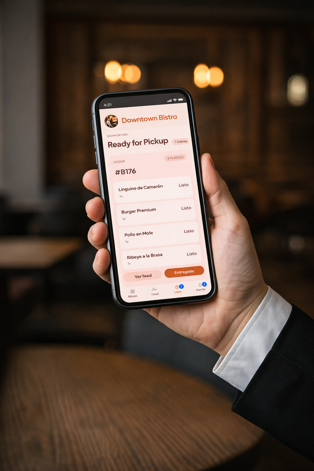 Waiters App en móvil: órdenes listas para pickup