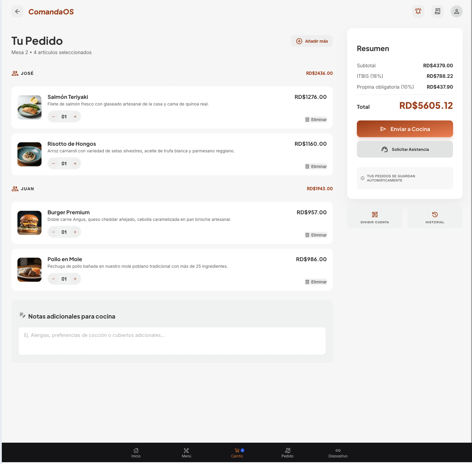Combos y descuento visible para el cliente