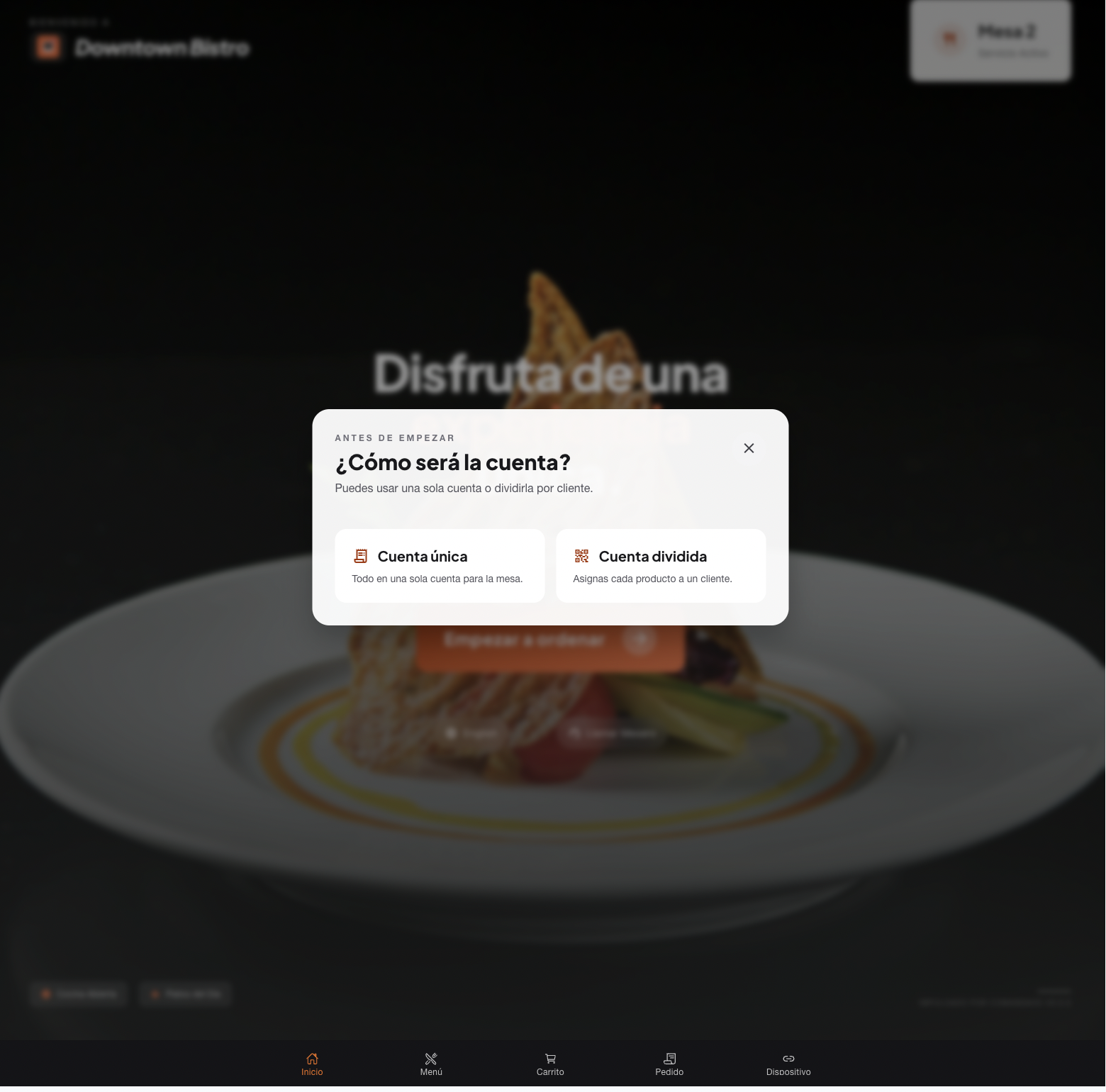 Modal para elegir tipo de cuenta en Table App