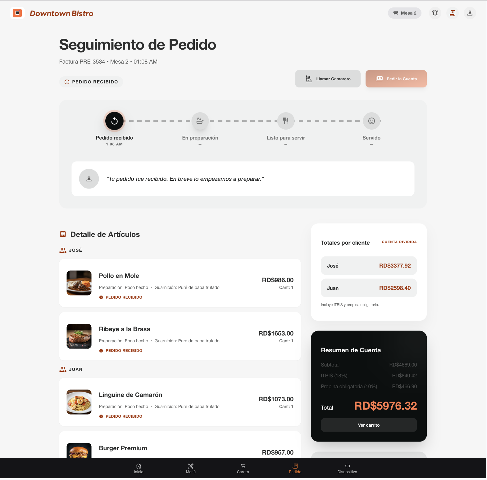 Seguimiento de pedido con cuenta dividida en Table App
