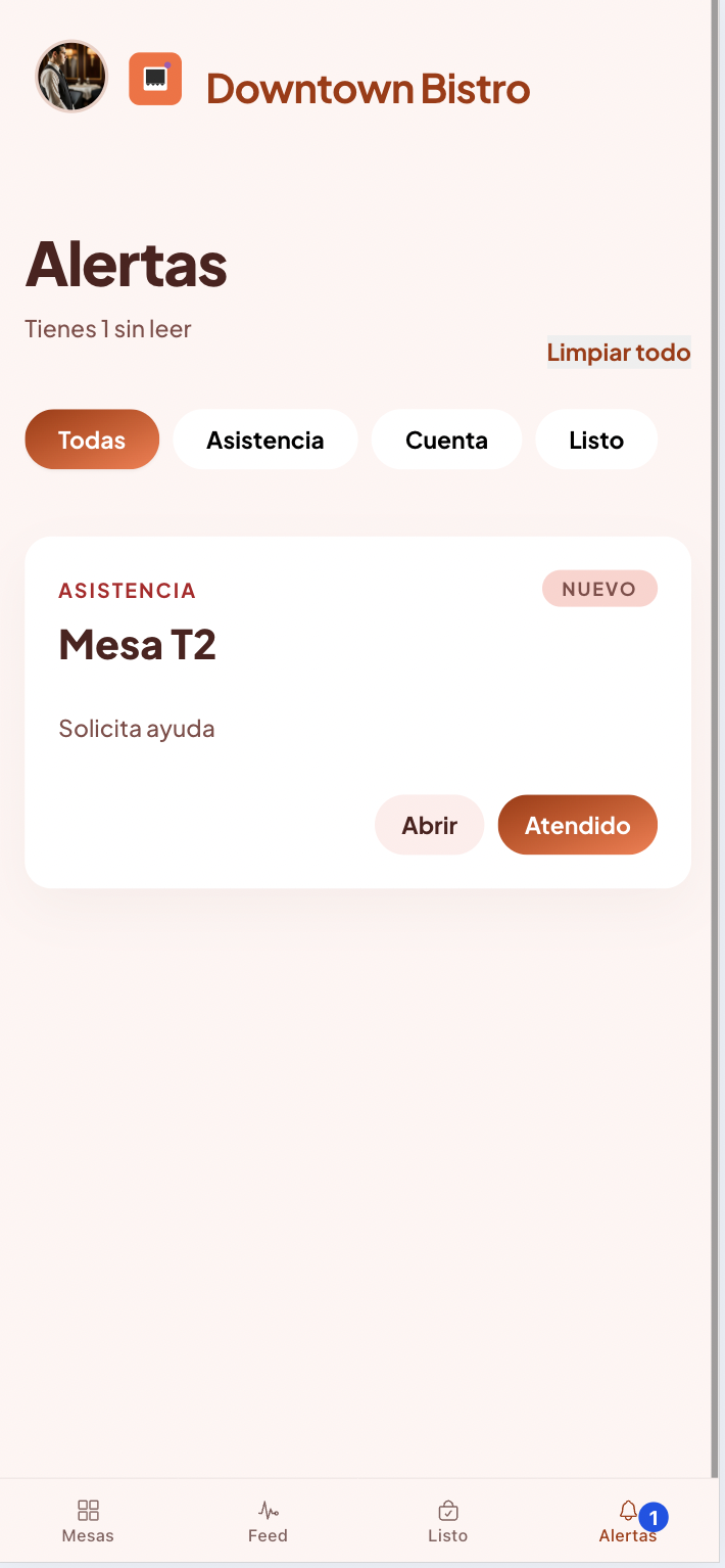 Pantalla de alertas en App de Meseros