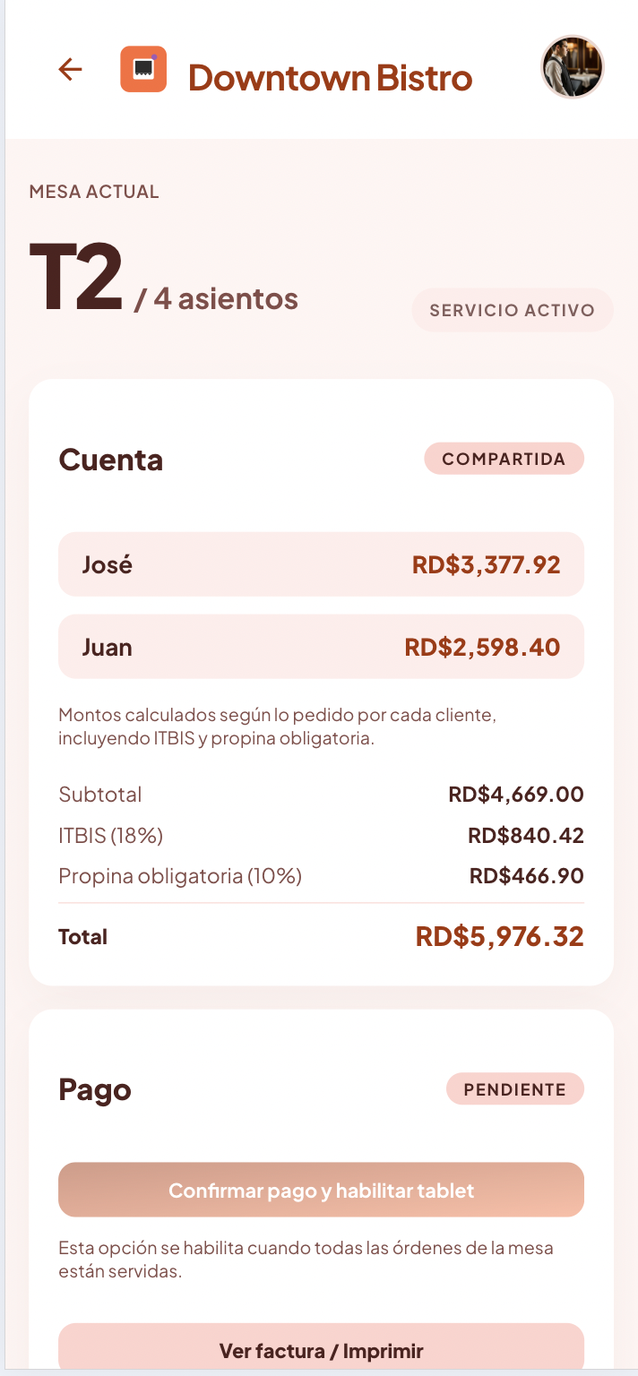 Cuenta compartida con totales e impuestos en App de Meseros