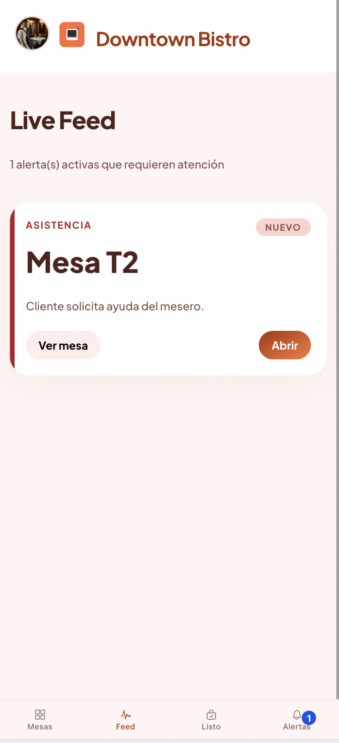 Live Feed de alertas en App de Meseros