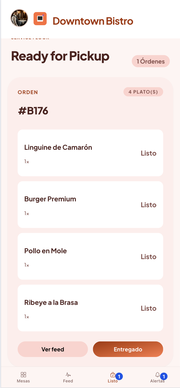Órdenes listas para entregar en App de Meseros